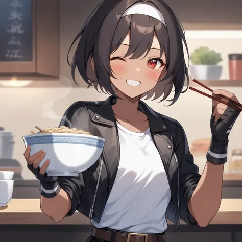 One girl, solo, looking at viewer, blush, smile, short hair, bangs, black hair, red eyes, holding, collarbone, jacket, white shirt, upper body, hair band, one eye closed, food, open clothing, brown belt, indoors, fingerless gloves, grin, open jacket, ((bla...