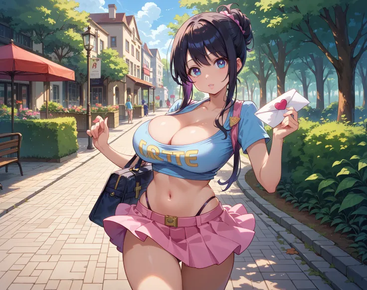  masterpiece, Lucy Heartfilia ,  envelopes,  ,  Ultra High Resolution ,  very big breasts, 1 girl, Alone , Blue eyes,  black hair with purple tips,  shiny lips, sexy expression , pink ultra mini skirt ,loose mini top,big cleavage,black thong,on park
