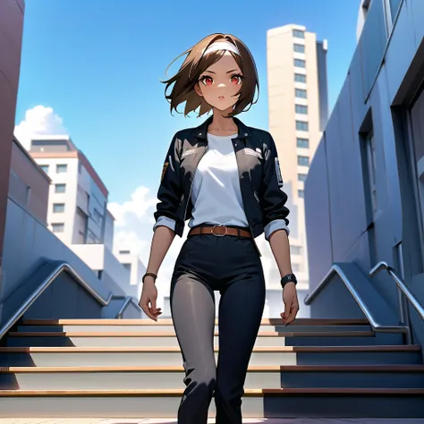 ((Masterpiece,Best Picture Quality;1.3,Best Illustration)), Cowboy Shot,19 Year Old Beautiful Idol Girl,Blue Sky,Red Eyes,Brown Skin,Blurred Background,Building,. City, Clouds, Cloudy sky, Afternoon, Depth of field, Open jacket, ((black jacket with rolled ...