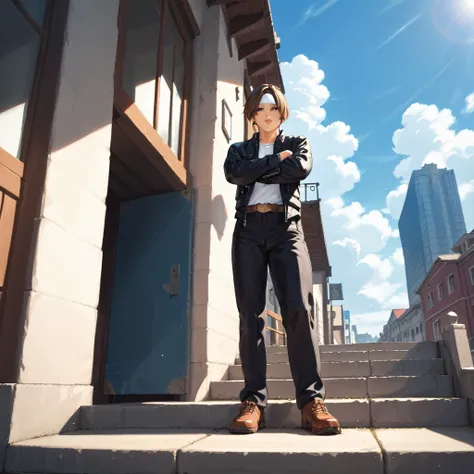 ((Masterpiece,Best Picture Quality;1.3,Best Illustration)), Cowboy Shot,19 Year Old Beautiful Idol Girl,Blue Sky,Red Eyes,Brown Skin,Blurred Background,Building,. City, Clouds, Cloudy sky, Afternoon, Depth of field, Open jacket, ((black jacket with rolled ...