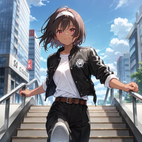 ((Masterpiece,Best Picture Quality;1.3,Best Illustration)), Cowboy Shot,19 Year Old Beautiful Idol Girl,Blue Sky,Red Eyes,Brown Skin,Blurred Background,Building,. City, Clouds, Cloudy sky, Afternoon, Depth of field, Open jacket, ((black jacket with rolled ...