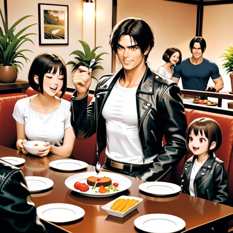 Masterpiece, Amazing Quality, Very Aesthetic, High Resolution, 1 Girl, blushing, smiling, short hair, open mouth, bangs, multiple girls, shirt, black hair, red eyes, holding, 2 Girls, sitting, jacket, closed eyes, white shirt, :d, food, multiple boys, pant...