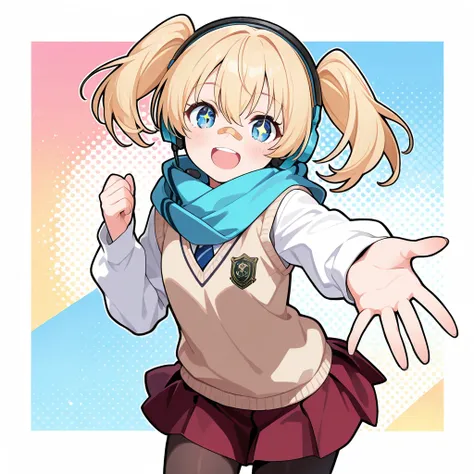 masterpiece, best quality, absurdres, (black outline), (thick outlines), 1girl, blonde hair, twintails, blue eyes, sparkling pupils, bandaid on nose, scarf, sweater vest, skirt, pantyhose, headphones, outstretched hand, :d, round teeth, multicolored backgr...