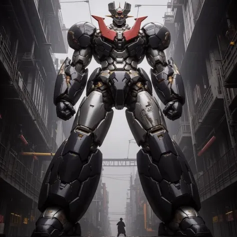   very realistic version of the modified Mazinger Z ,  towering in the sky like a mountain Great Mazinger standing 100 meters high in a combat position.thunder　Modern nuclear reactor facility 　Mazinger Z, the god of steel, is 100 meters tall 　  towering ov...