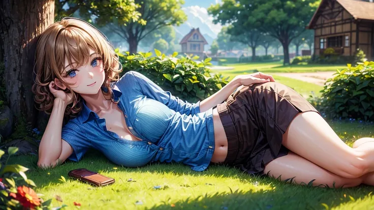 1girl, full body, summer, trees, house, fantasy landscape, water, light brown hair, short hair, curly hair, large full breasts, dark blue eyes, ((blue shirt)), ((short sleeved shirt)), ((unbuttoned shirt)), ((unbuttoning shirt)), (cleavage), skirt, brown s...