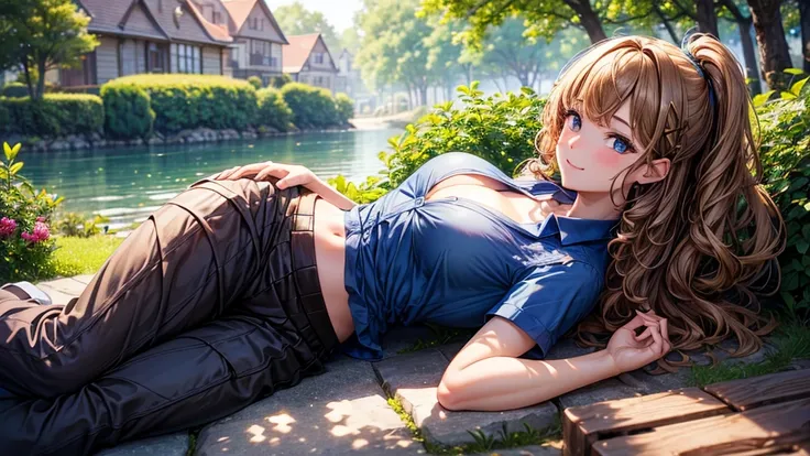 1girl, full body, summer, trees, house, fantasy landscape, water, light brown hair, short hair, curly hair, large full breasts, dark blue eyes, ((blue shirt)), ((short sleeved shirt)), ((unbuttoned shirt)), ((unbuttoning shirt)), (cleavage), skirt, brown s...