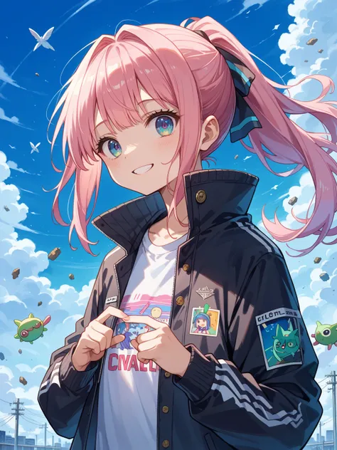  score_9,  score_8_ up,  score_7_ up,  source_Anime,
 surreal, 
theme：「To the blue sky 」 CD jacket
Background ： crowds in Shibuya
Central element ： pink hair with hands spread out in front of eyes and a smile、Ponytail
Light source ： sunshine
Ambience ： hop...