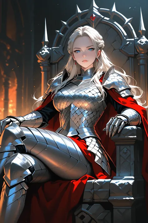 daenerys targaryen, sitting on iron throne, crossed legs, dragon scale armor