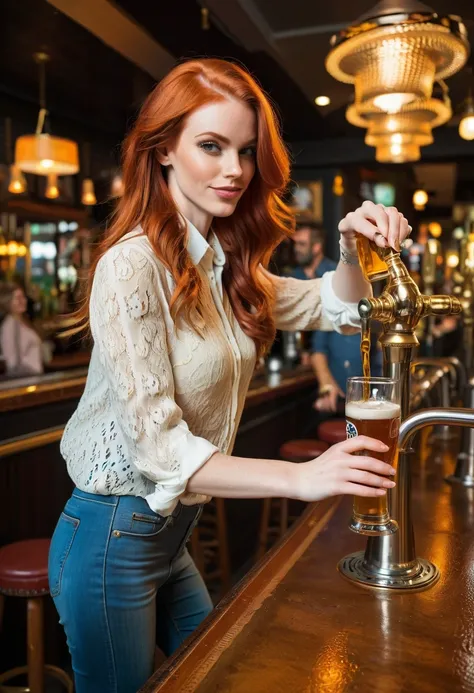 redhead woman, skinny jeans, blouse, high heels, standing in a bar, (((pouring beer from a glass over her blouse:1.4)))