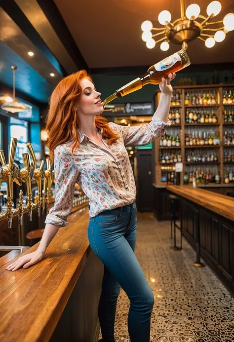 redhead woman, skinny jeans, blouse, high heels, standing in a bar, (((pouring beer from a glass over her blouse:1.4)))