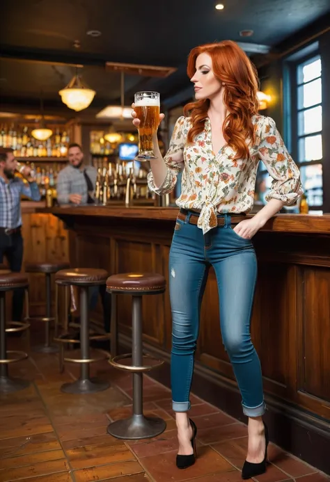 redhead woman, skinny jeans, blouse, high heels, standing in a bar, (((spilling beer from a glass over her blouse:1.4))), blouse is wet with beer