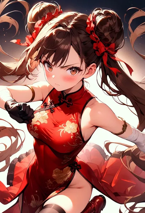 (masterpiece),(best quality),(ultra-detailed),(best illustration),(best shadow),(detailed background), 1girl, solo, very-long-hair, dress, long-hair, thighhighs, twintails, chinese-clothes, china-dress, standing, gloves, bandages, red-dress, hair-bun, red-...