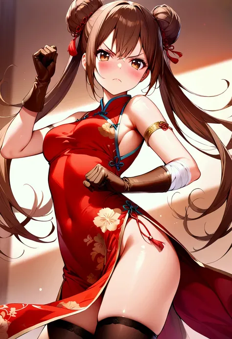 (masterpiece),(best quality),(ultra-detailed),(best illustration),(best shadow),(detailed background), 1girl, solo, very-long-hair, dress, long-hair, thighhighs, twintails, chinese-clothes, china-dress, standing, gloves, bandages, red-dress, hair-bun, look...