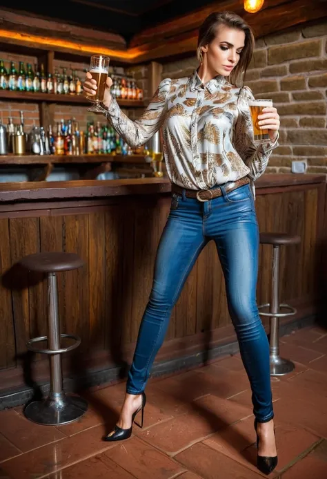 brunette woman, skinny jeans, blouse, high heels, standing in a bar, ((((spilling beer from a glass over her blouse:1.4)))), (blouse is wet with beer))