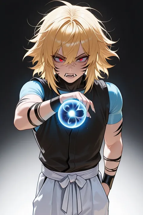 best quality, perfect anatomy, high definition, ultra detailed, 1boy, blond, medium hair, disheveled hair, red eyes, slit pupil, two stripes on the cheeks, black stripes, white sharp nails, sharp fangs, ninja uniform: blue pants, blue short sleeve shirt, b...