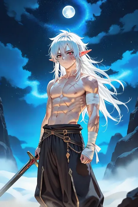 1boy, elf, long ears, pointy ears, red eyes, long hair, white hair, green streaks, toned, partial nudity, black baggy pants, bandages on wrists, scars on face and body, holding a sword, black sword with gold details, background: two large waning moons, nig...