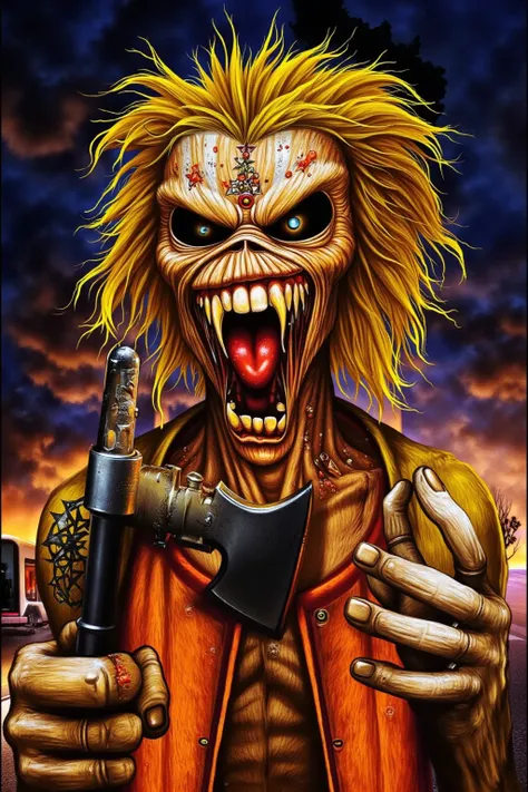  ultra detailed, chaotic scene, nightmare, Simon Stlenhag Style, vintage sci-fi comic book cover of , (extremely bright:1.1), dynamic composition, full color illustration of monster holding a axe, (close up:1.3), yellow hair, iron maiden album cover 1981, ...