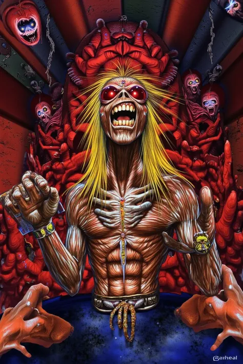  ultra detailed, chaotic scene, nightmare, Simon Stlenhag Style, vintage sci-fi comic book cover of , (extremely bright:1.1), dynamic composition, full color illustration of monster holding a axe, (close up:1.3), yellow hair, iron maiden album cover 1981, ...