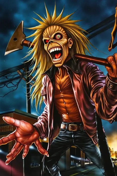  ultra detailed, chaotic scene, nightmare, Simon Stlenhag Style, vintage sci-fi comic book cover of , (extremely bright:1.1), dynamic composition, full color illustration of monster holding a axe, (close up:1.3), yellow hair, iron maiden album cover 1981, ...