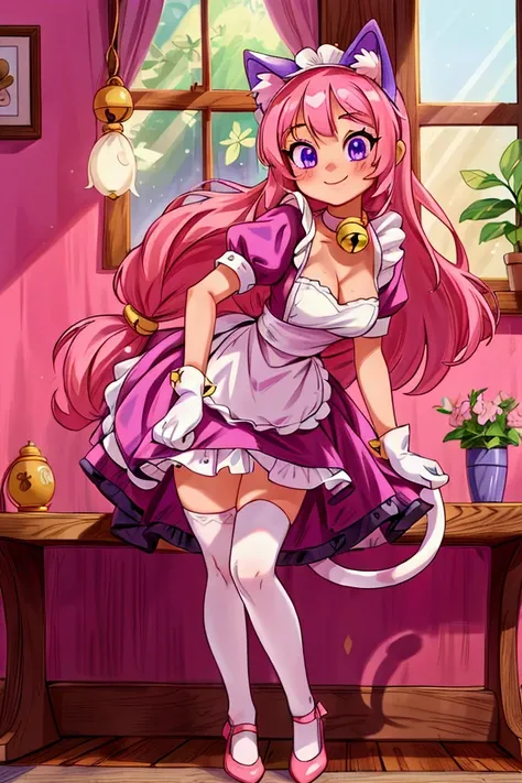 (Masterpiece, best quality), 1 girl, cat_ears, cat_tail, pink_hair, purple_eyes, long hair_over, maid_uniform, maid_headdress, dress, paw_gloves, cat_paws, white_legwear, neck_bell, bell, shoes, standing indoors with intricate details and sunlight, sexy po...