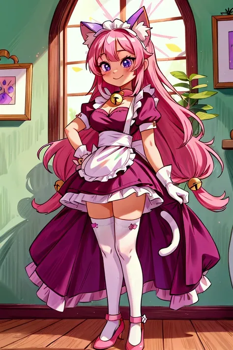 (Masterpiece, best quality), 1 girl, cat_ears, cat_tail, pink_hair, purple_eyes, long hair_over, maid_uniform, maid_headdress, dress, paw_gloves, cat_paws, white_legwear, neck_bell, bell, shoes, standing indoors with intricate details and sunlight, sexy po...