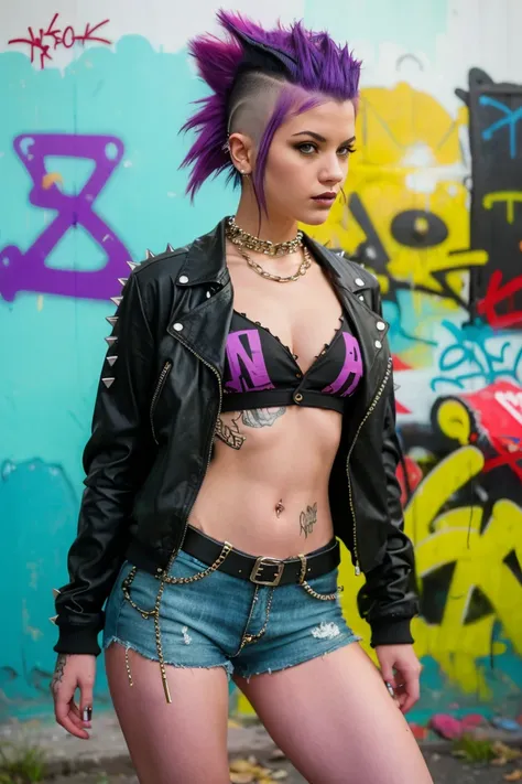 (Artwork, best quality:1.2), 1 girl ,intrincately detailed, "Punk Girl", in dynamic pose, ((spiky mohawk hair, purple punk hair, wearing a black jacket, chains, Rocket style, tatuados , hot body, abdomen)) . Shallow depth of field, vignette, highy detailed...