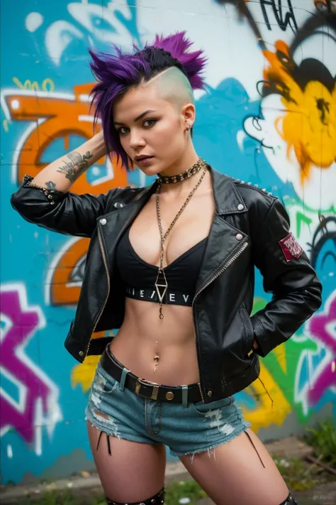 (Artwork, best quality:1.2), 1 girl ,intrincately detailed, "Punk Girl", in dynamic pose, ((spiky mohawk hair, purple punk hair, wearing a black jacket, chains, Rocket style, tatuados , hot body, abdomen)) . Shallow depth of field, vignette, highy detailed...