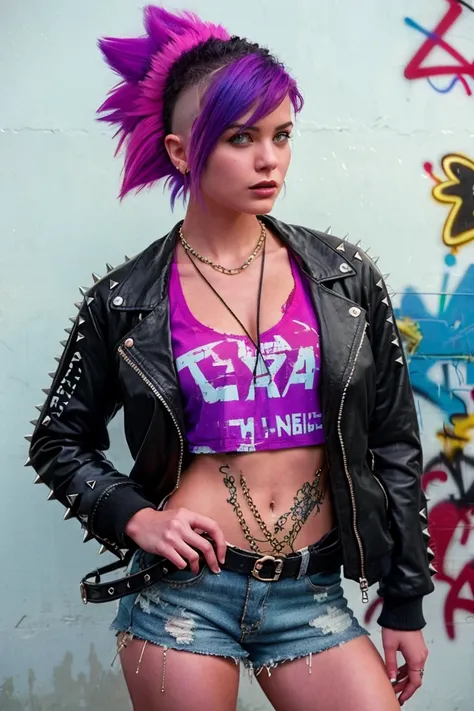 (Artwork, best quality:1.2), 1 girl ,intrincately detailed, "Punk Girl", in dynamic pose, ((spiky mohawk hair, purple punk hair, wearing a black jacket, chains, Rocket style, tatuados , hot body, abdomen)) . Shallow depth of field, vignette, highy detailed...