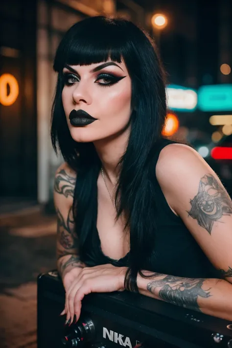 Photorealistic, ultra-detailed, Rocker goth woman, portrait photo, Solo, leaning against a worn-out guitar amp, dimly lit room, edgy urban scene with graffiti, dark and moody, late evening, city lights flashing, neon lighting The essence of rock and roll, ...