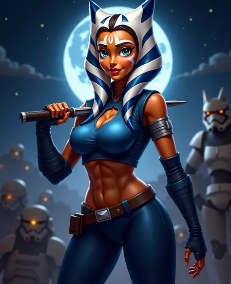  (Full portrait body:1.2), beautiful perfect woman figure, flirting, (masterpiece, best quality, ultra-detailed), (background battle, droids, robots, star wars,, night, war, battle), extremely detailed eyes, Ahsoka Tano , ultra sexy, huge breasts, shining ...