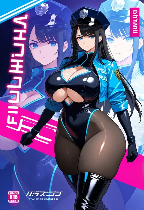 1girl, black hair, long hair, bangs, blue eyes, huge breasts, thick thighs, wide hips, shiny skin, policewoman, police hat, bodysuit, black bodysuit, jacket, blue jacket, boots, thigh boots, black boots, thighhighs, black thighhighs, pantyhose, black panty...