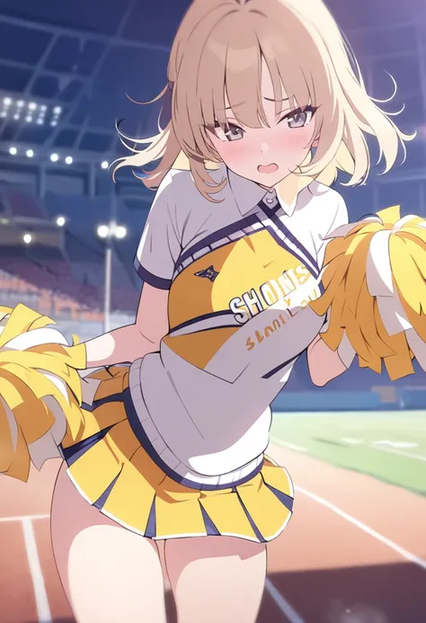 (masterpiece, best quality), 1girl, solo, kawaii, cheerleader, mini skirt, blonde hair, wind lift