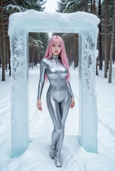 Realistic image of a beautiful Korean woman, pink hair, long hair, frozen expression, dressed with a metal bodysuit, full body shot, standing frozen inside an ice rectangle in a snowy forest, boreal forest or snow forest, taiga