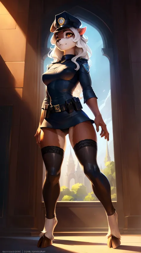 uploaded on e621, by Pixelsketcher, by Bayard Wu, by Thomas Benjamin Kennington, by Einshelm, solo anthro, ((Portrait)), ((Wear a black tight police uniform)), red collar, police uniform, police hat, showing police emblem, unbottom blue blouse, black leath...