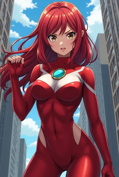 My Hero Academia Style , Anime girl, female, young female,muscular female,Full Body Shot,(fighting Pose:1.3),Long hair, Red Hair,  Brown Eyes,Hero Suit, Full Body Suit, red suit with white details,small round blue jewel in the center of the chest, perfect ...