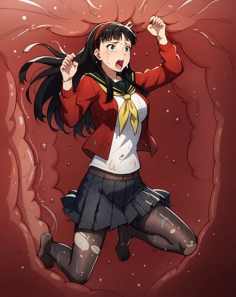 yukiko amagi, long hair, black hair, hairband, black eyes, medium breasts,
skirt, school uniform, pantyhose, serafuku, black pantyhose, shirt, white shirt, cardigan, red cardigan,,,
, solo, 1girl,,   solo_vore_internal, inside stomach, tight space, vore, d...