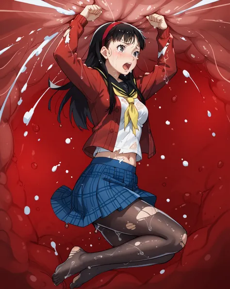 yukiko amagi, long hair, black hair, hairband, black eyes, medium breasts,
skirt, school uniform, pantyhose, serafuku, black pantyhose, shirt, white shirt, cardigan, red cardigan,,,
, solo, 1girl,,   solo_vore_internal, inside stomach, tight space, vore, d...