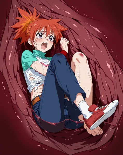 RikaNonaka, 1girl, solo, ponytail, red hair, orange hair, two-tone hair, purple eyes, turtleneck, t-shirt, raglan sleeves, red wristband, belt, blue pants, white socks, red footwear
InternalVore, inside stomach, tight space, vore, deep red water, stomach a...