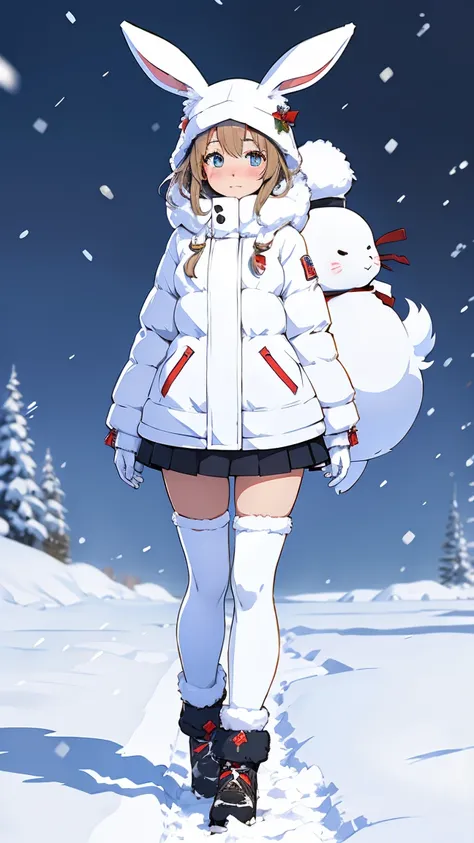 winter, snow, fluffy, bunny girl, full body