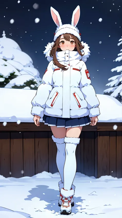 winter, snow, fluffy, bunny girl, full body