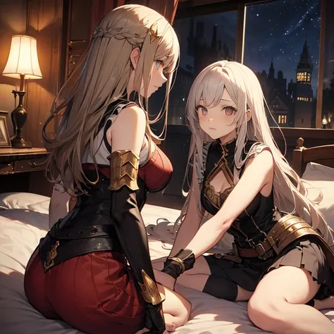 A group of  female medieval fantasy adventurers, (in bedroom), various hair styles, harem, night, details face, short skirt, seducing, sleeveless, armor,