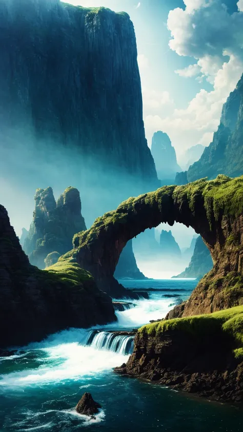 Masterpiece, best quality, high quality, extremely detailed CG unity 8k wallpaper, landscape, outdoor, sky, cloud, sky, no humans, mountain, landscape, water, tree, blue sky, waterfall, cliff, nature, lake, river , cloudy skies, award winning photography, ...