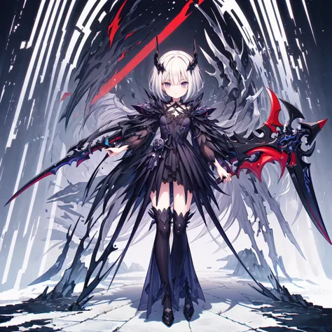 (((Masterpiece,  best quality ,   high detail  , 16k))) ( 1 girl)   Breathtakingly Beautiful 、 wielding a huge stylized grim reaper scythe {x} short cut stylish white hair and sharp eyes. she is purple、black、白の悪魔の鎧を身につけている.  wearing white devil armor . ((F...