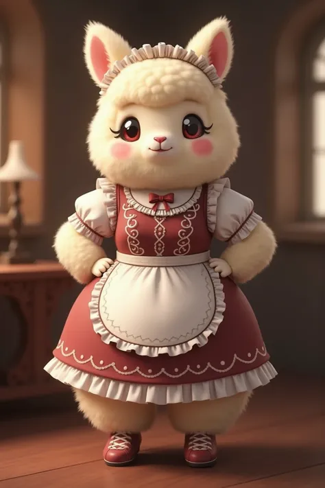 photorealistic portrait of Dressed animals - a ((fat)) chibi ( alpaca) maid, (art by Carne Griffiths:1.2),(full body image:1.5),(furry),(happy smile),(hands on hips:1.5), ,(intricate detailed (Lolita Fashion:1.5), highly detailed clothes ,ruffle headband, ...