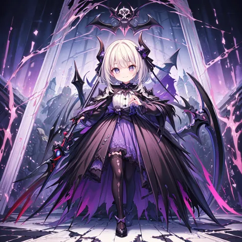 (((Masterpiece,  best quality ,   high detail  , 16k))) ( 1 girl)  pretty face、Baby Face、smile、  Breathtakingly Beautiful 、 wielding a huge stylized grim reaper scythe {x} short cut stylish white hair and pretty eyes. she is purple、black、白の悪魔の鎧を身につけている.  w...