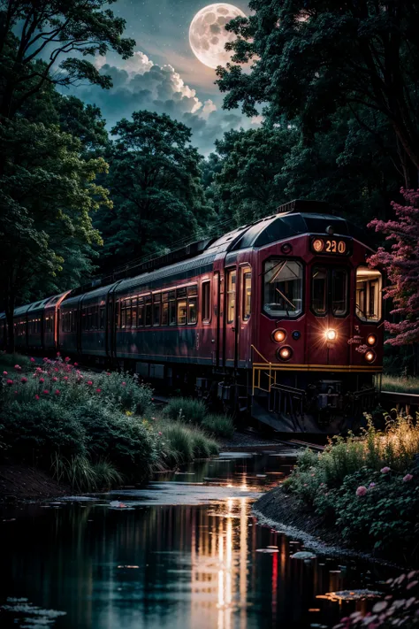 Close-up of train car window, giant luminous rose at the train's heart, flowing gown fabric, obscured passenger silhouette, reflections of moonlight, intricate botanical carvings on the train car, otherworldly forest, pale color palette, (epic night sky), ...