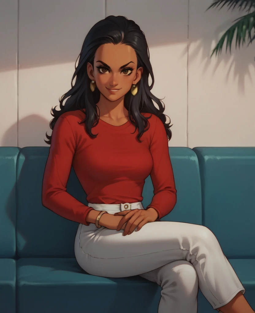 score_9, score_8, score_7, break,susan_v, 1girl, long hair, black hair, earrings, brown eyes, dark skin, shirt, long sleeves, pants, medium breasts, sitting, sofa, smirk, looking at viewer