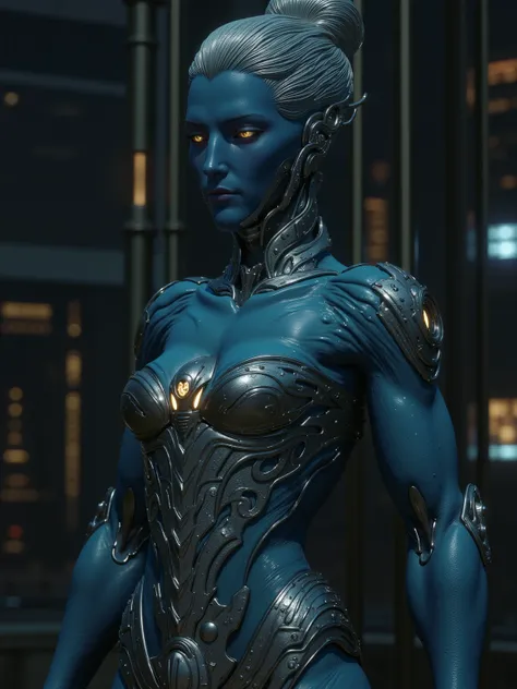 Pandora in a Cerulean Shell, Robotic Blue skinned woman, Silver Hair in a Bun, Large Breast, Voluptuous muscular Build, wide hipped, thick muscular thighs, wearing a Silver Corset, iridescent yellow glowing glass eyes, standing in a laboratory