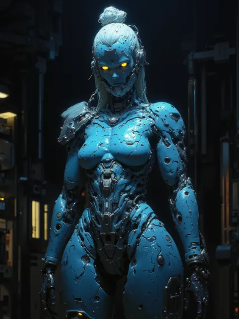 Pandora in a Cerulean Shell, Robotic Blue skinned woman, Silver Hair in a Bun, Large Breast, Voluptuous muscular Build, wide hipped, thick muscular thighs, wearing a Silver Corset, iridescent yellow glowing glass eyes, standing in a laboratory