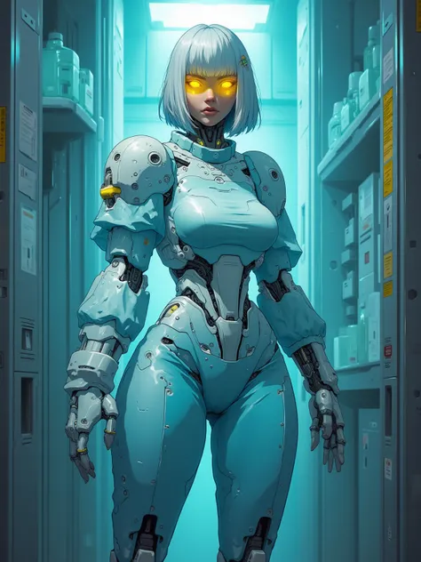 Pandora in a Cerulean Shell, Robotic Cerulean skinned woman, Bob Cut Silver Hair, Large Breast, Voluptuous muscular Build, wide hipped, thick muscular thighs, wearing a Silver Corset, iridescent yellow glowing glass eyes, standing in a laboratory